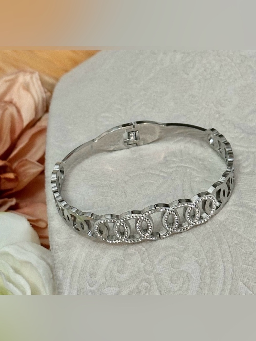 Silver Bangle Bracelet With Circle Diamond Accents NEW!